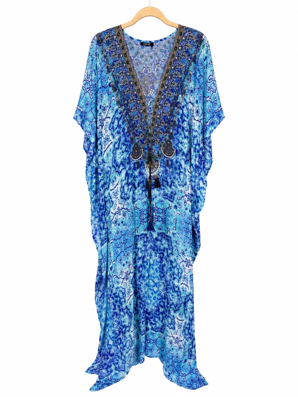 Shahida Parides Embellished Blue V-Neck Swim Coverup Kaftan